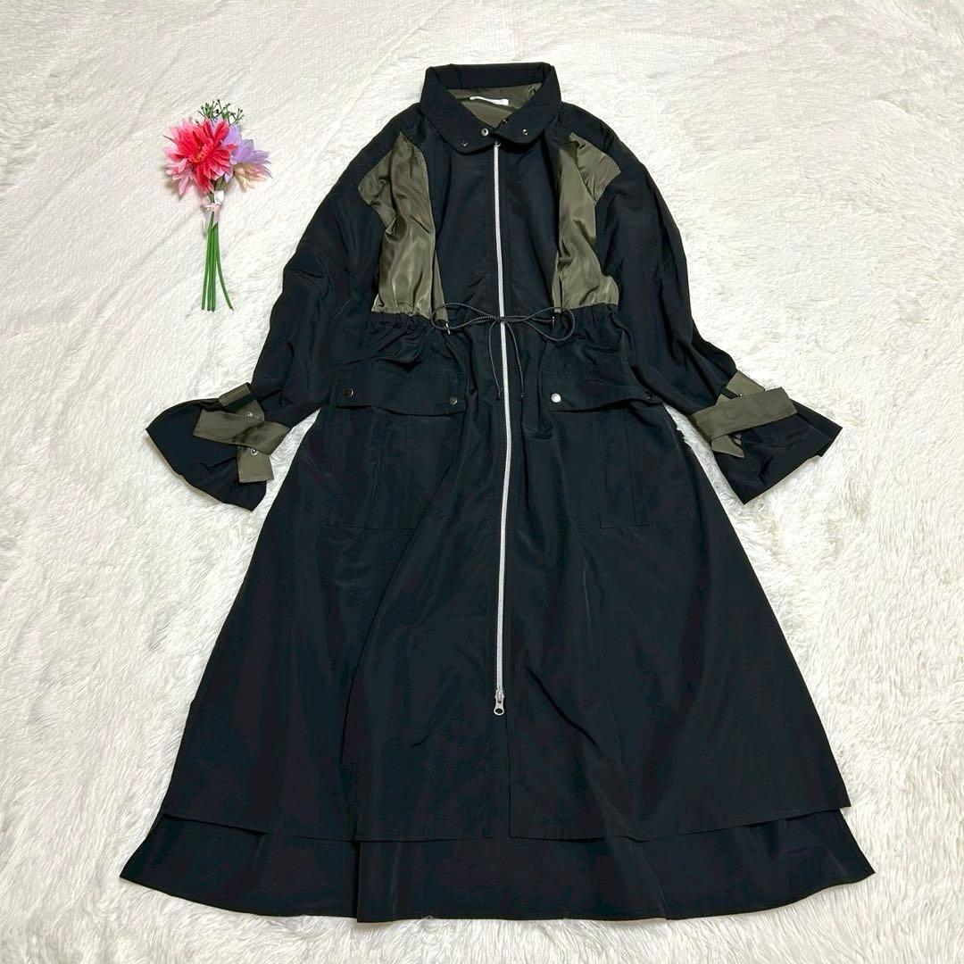 美品 アヤン ドッキング ケープギャザーコート 38 バイカラー ロング 黒 緑