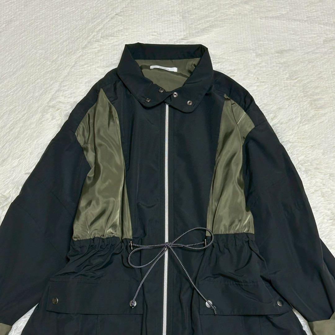 美品 アヤン ドッキング ケープギャザーコート 38 バイカラー ロング 黒 緑