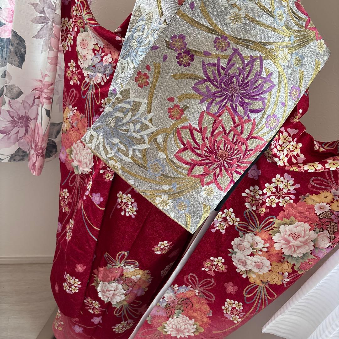 美品　正絹振袖フルセット　赤　牡丹　成人式に！！