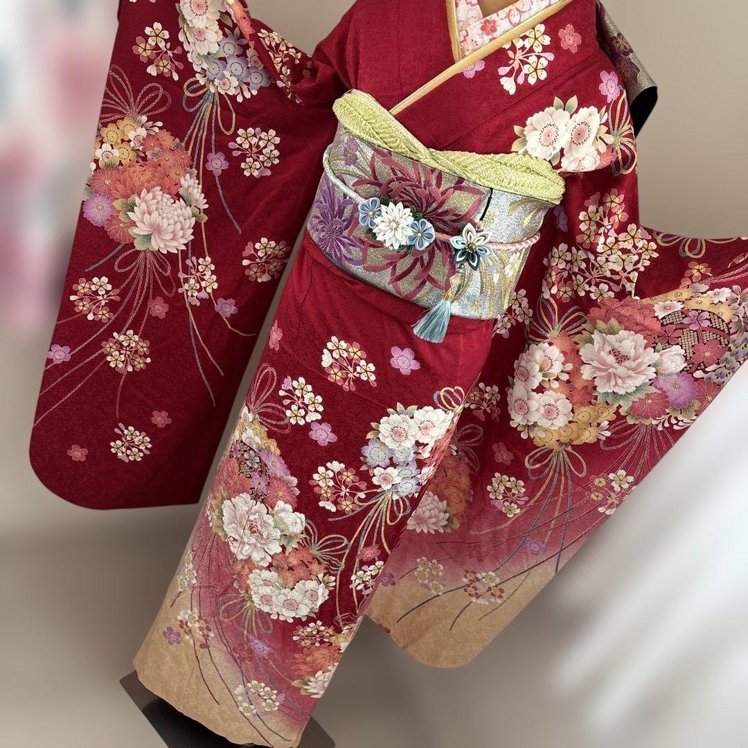 美品　正絹振袖フルセット　赤　牡丹　成人式に！！