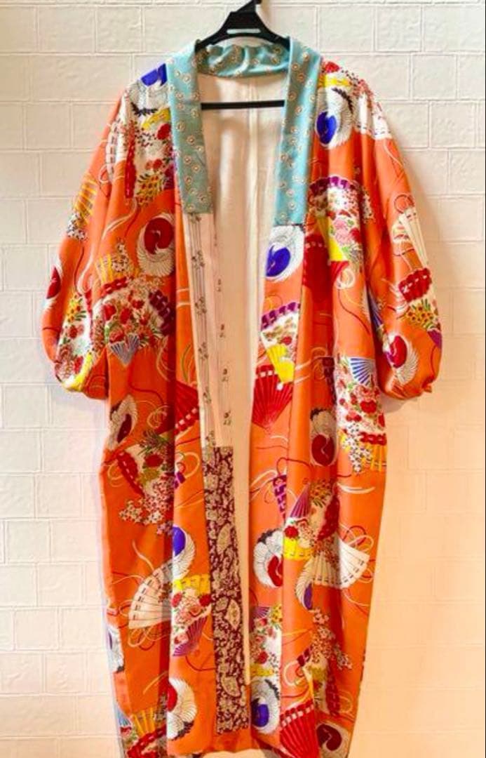 着物リメイク　羽織　カーディガン　正絹　ハンドメイド　　コート　ロング　ガウン