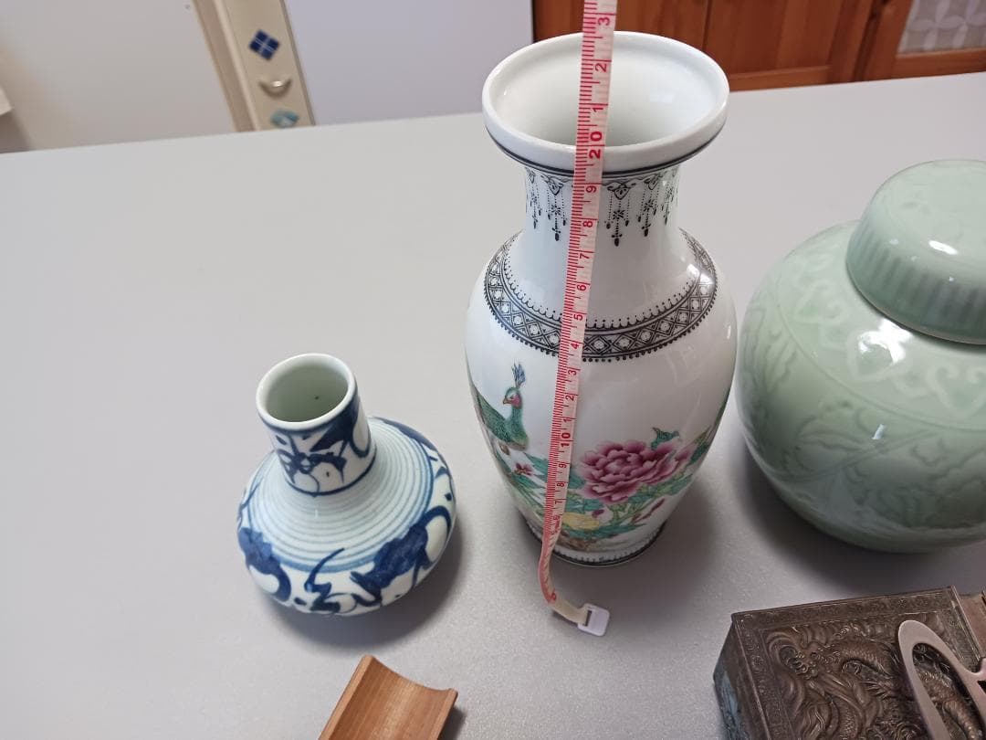 花瓶、茶入れ金属箱などのセット　景徳鎮　ビンテージ