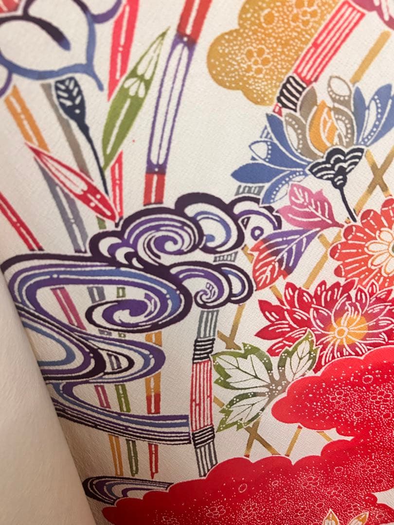 オンワード 正絹 縮緬 振袖 袴向き紅型調 鳳凰 花柄 生成り