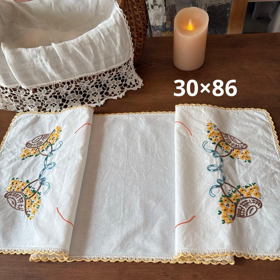 SALE❣️フランスアンティークஐ⋆*黄色の花籠刺繍の可愛いクロス