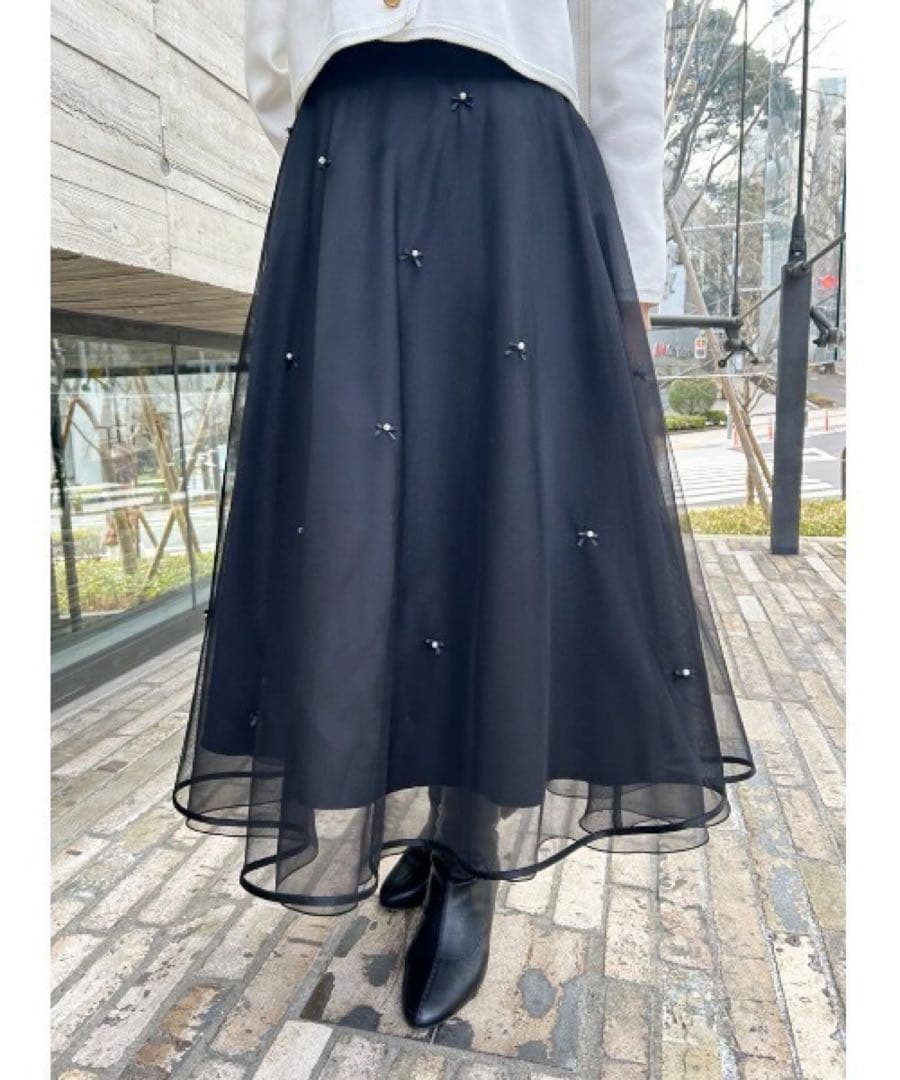 【美品】リボンパールチュールスカート ブラック 38 セルフォード