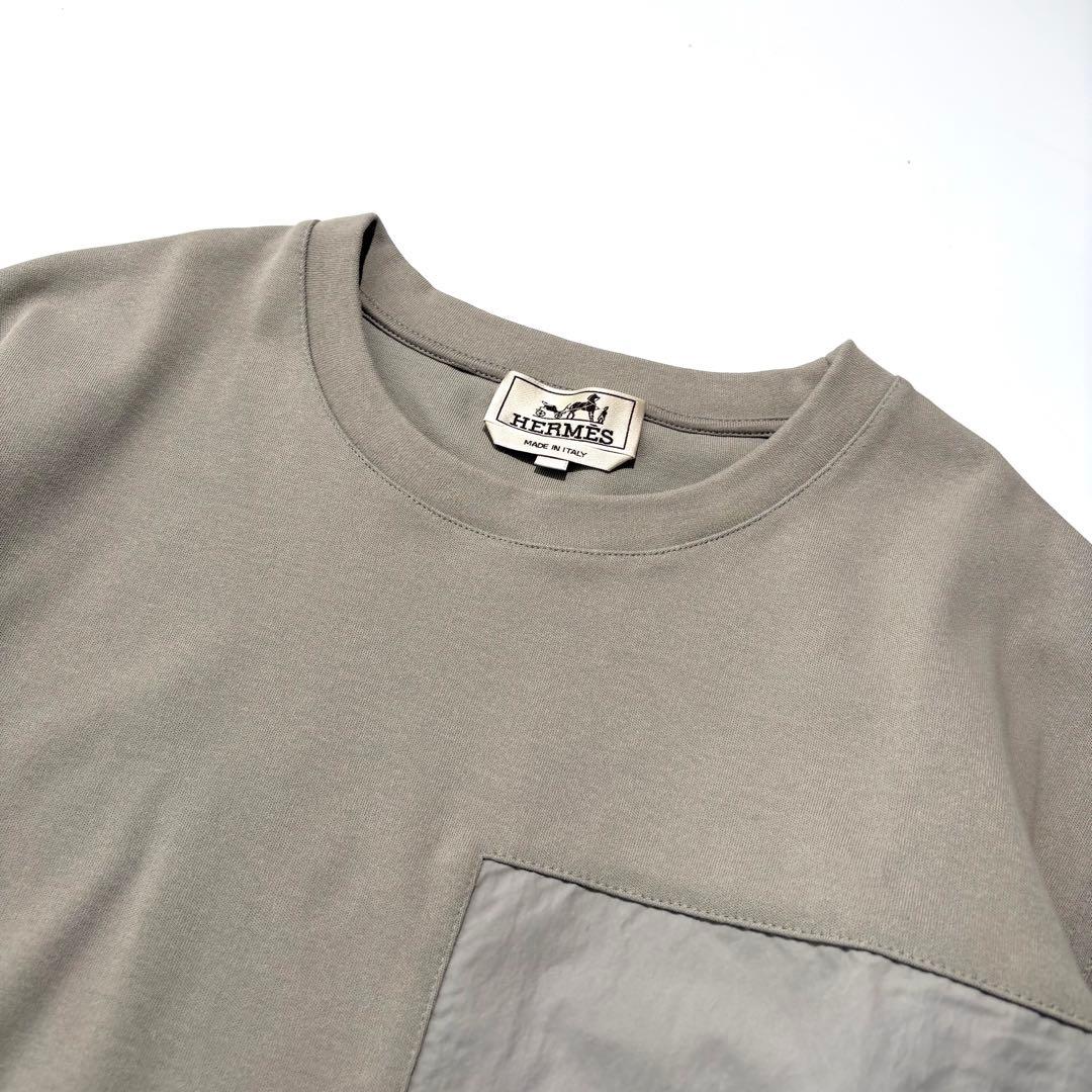【極美品】HERMES Tシャツ ナイロン 切替 カーキベージュ 厚手 L