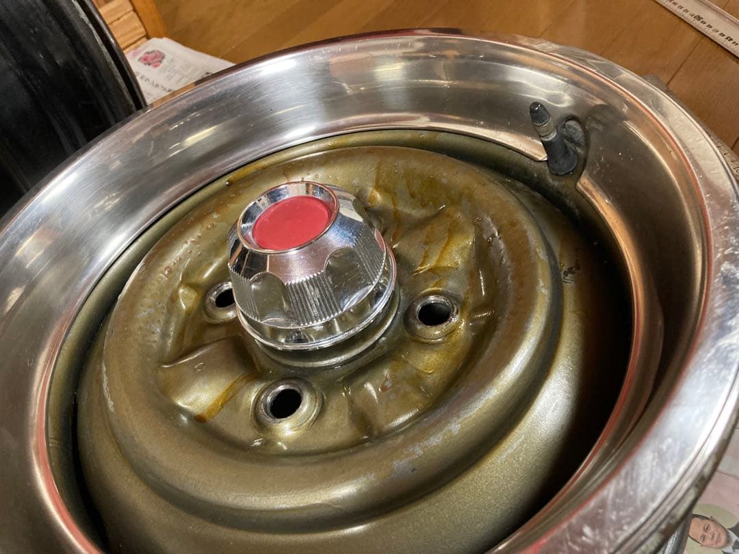 【旧車】14インチ 6J 114.3 鉄チンホイール リング キャップ付き深リム