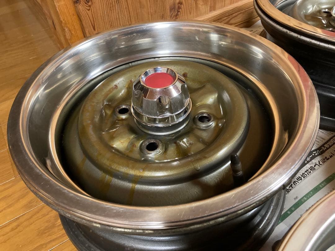 【旧車】14インチ 6J 114.3 鉄チンホイール リング キャップ付き深リム