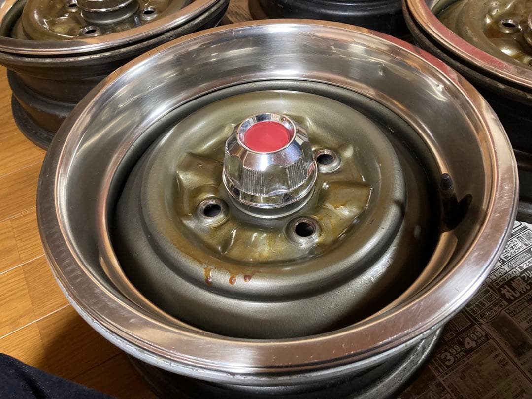 【旧車】14インチ 6J 114.3 鉄チンホイール リング キャップ付き深リム