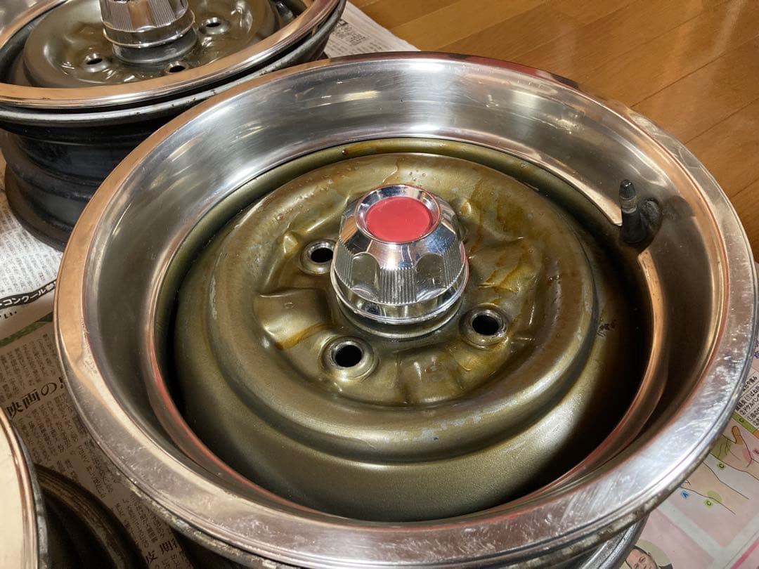【旧車】14インチ 6J 114.3 鉄チンホイール リング キャップ付き深リム