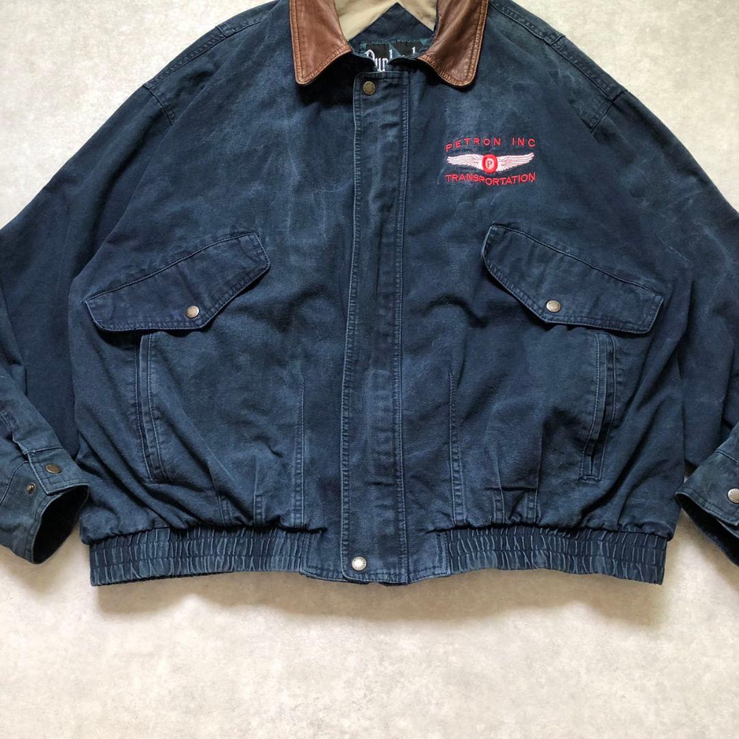 超希少XXL 90s 企業刺繍 ダックジャケット 襟レザー ナスコン
