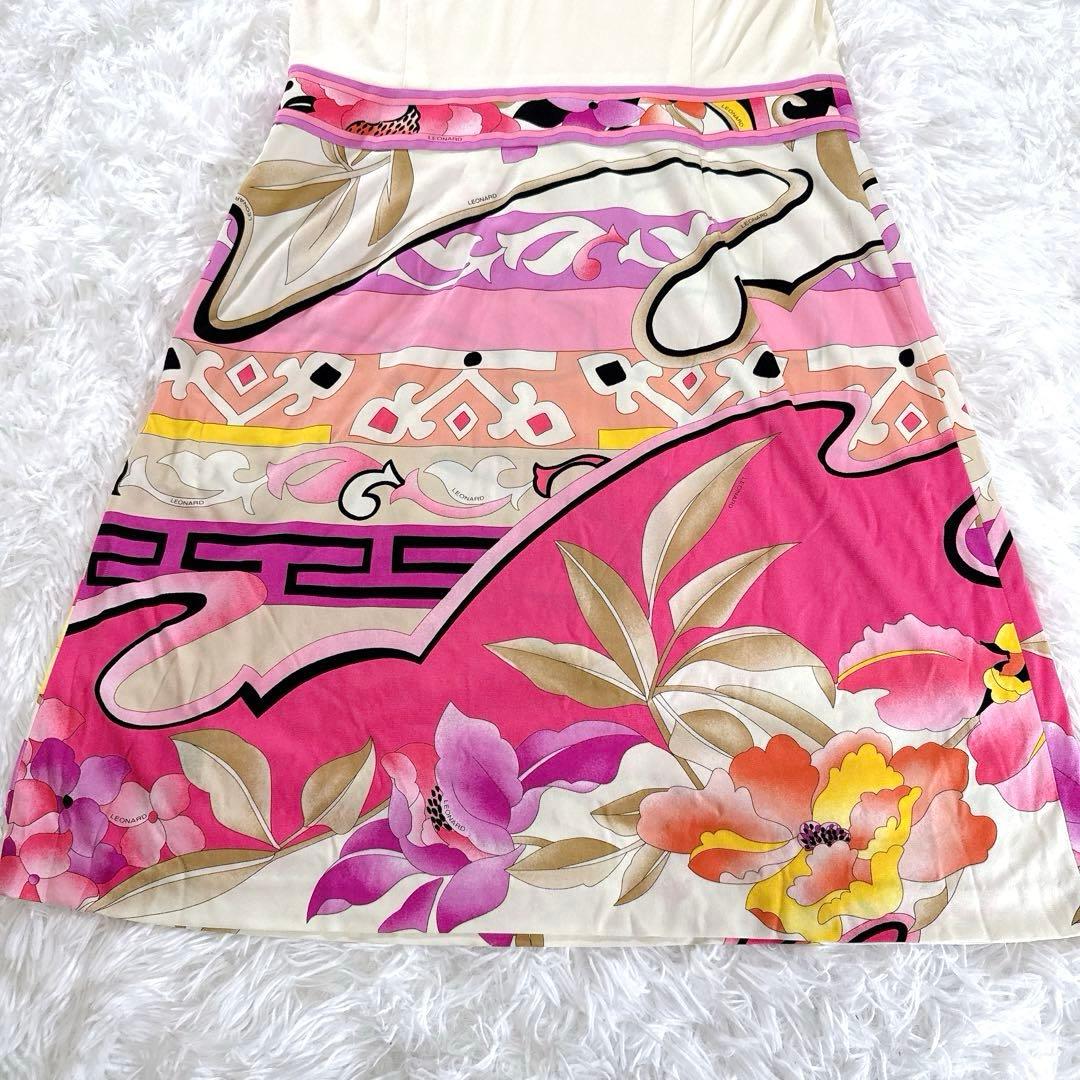 レオナール 花柄ワンピース カンカン素材 総柄 リボン ピンク L Aライン