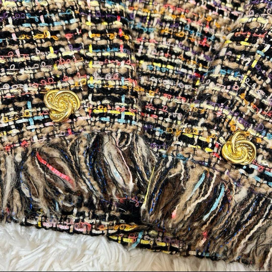 ユキトリイ ツイードジャケット 金ボタン ショールカラー フリンジ 40