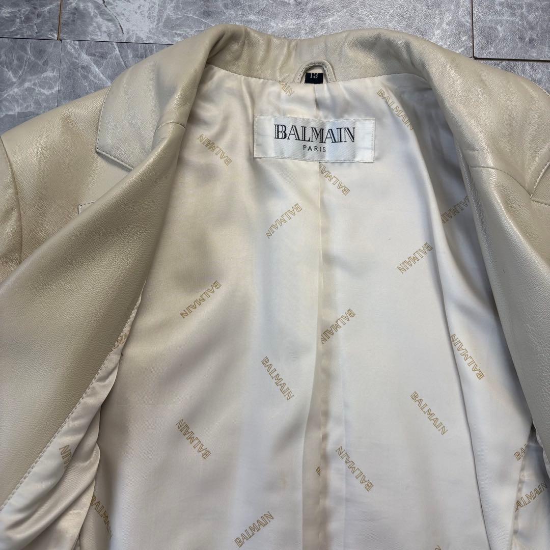 XL♡バルマン♡ラムレザー　ロングコート　ベルトリボン　ホワイトベージュ