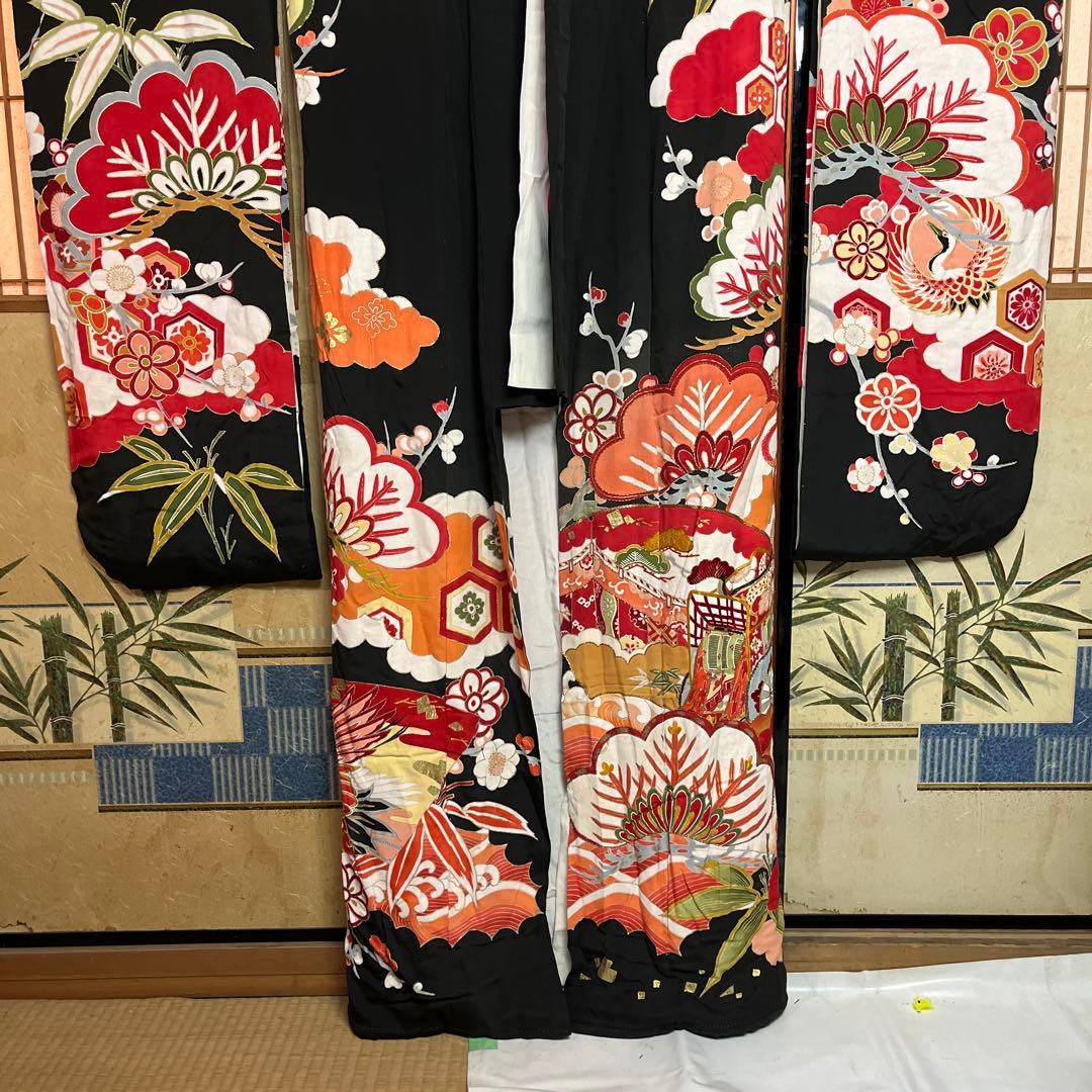 OK2 振袖 黒地 花柄　昭和初期　ビンテージ　リメイク向き