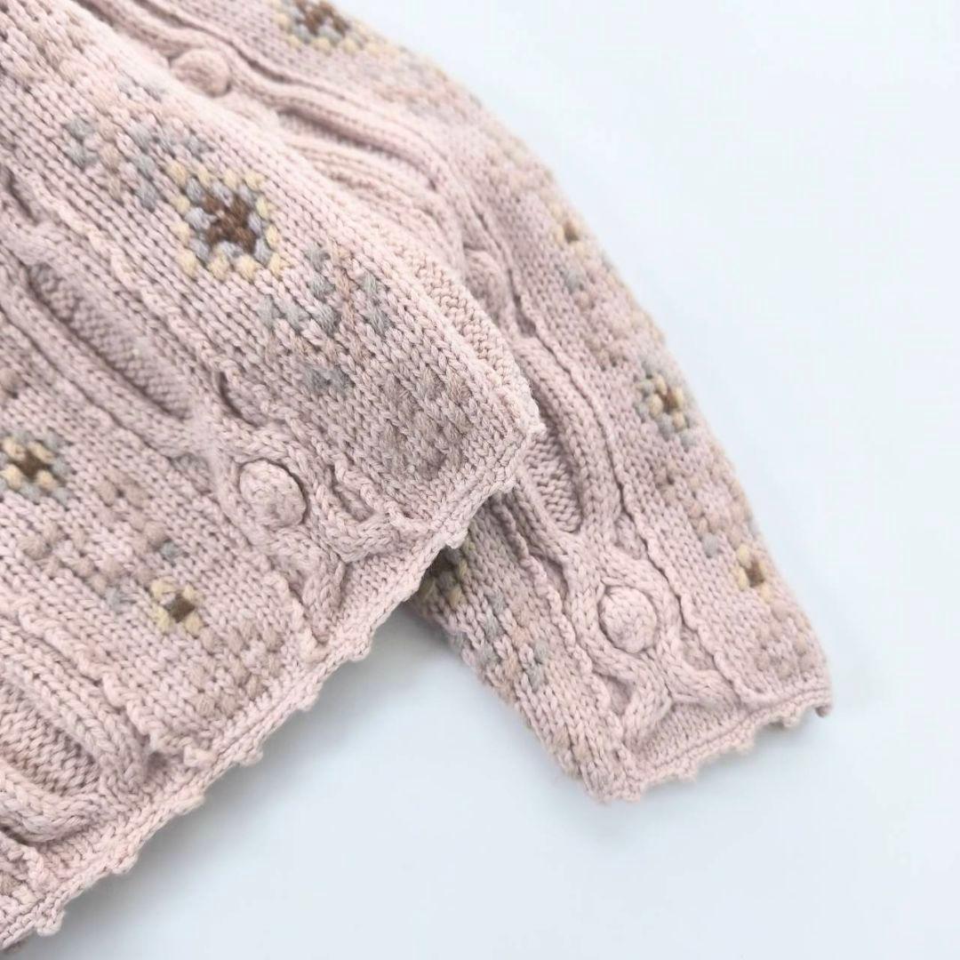 ハンドニット ウール100% 刺繍アランカーディガン ベビーピンク C21