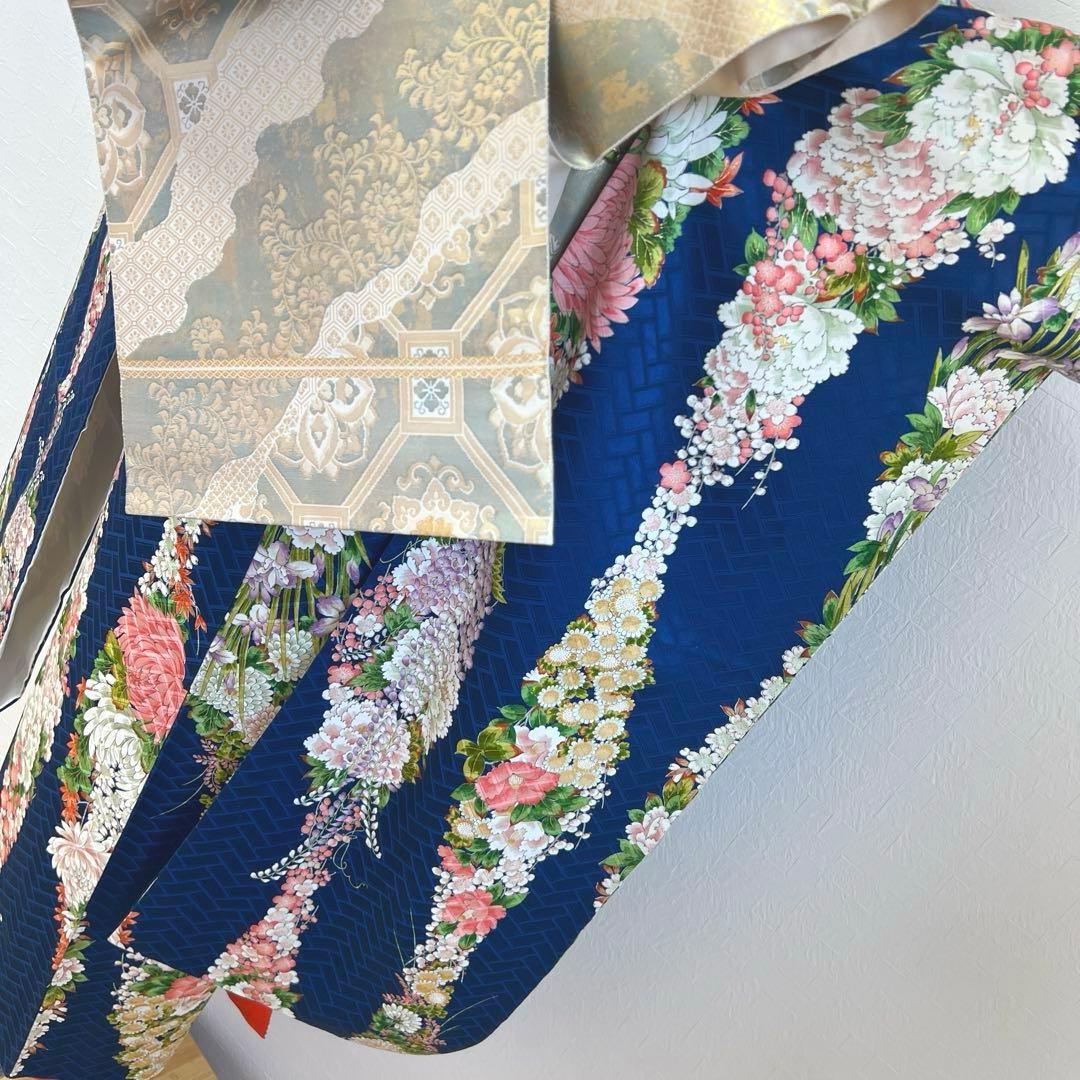 483 振袖フルセット 正絹 紺 ネイビー 小紋 手描き 金彩 華やか レトロ