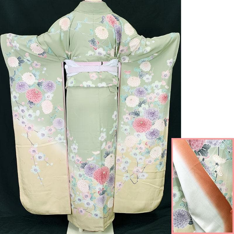 509z23☆振袖 古典柄 友禅 金彩 饅頭菊 梅 くすみ黄緑☆成人式 結婚式
