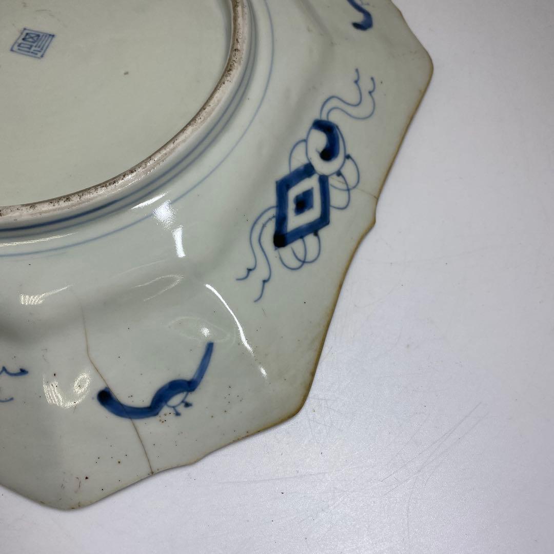 古伊万里　染錦赤絵角皿　木箱付　幅約29.5㎝　東Y7-0404③タコサ