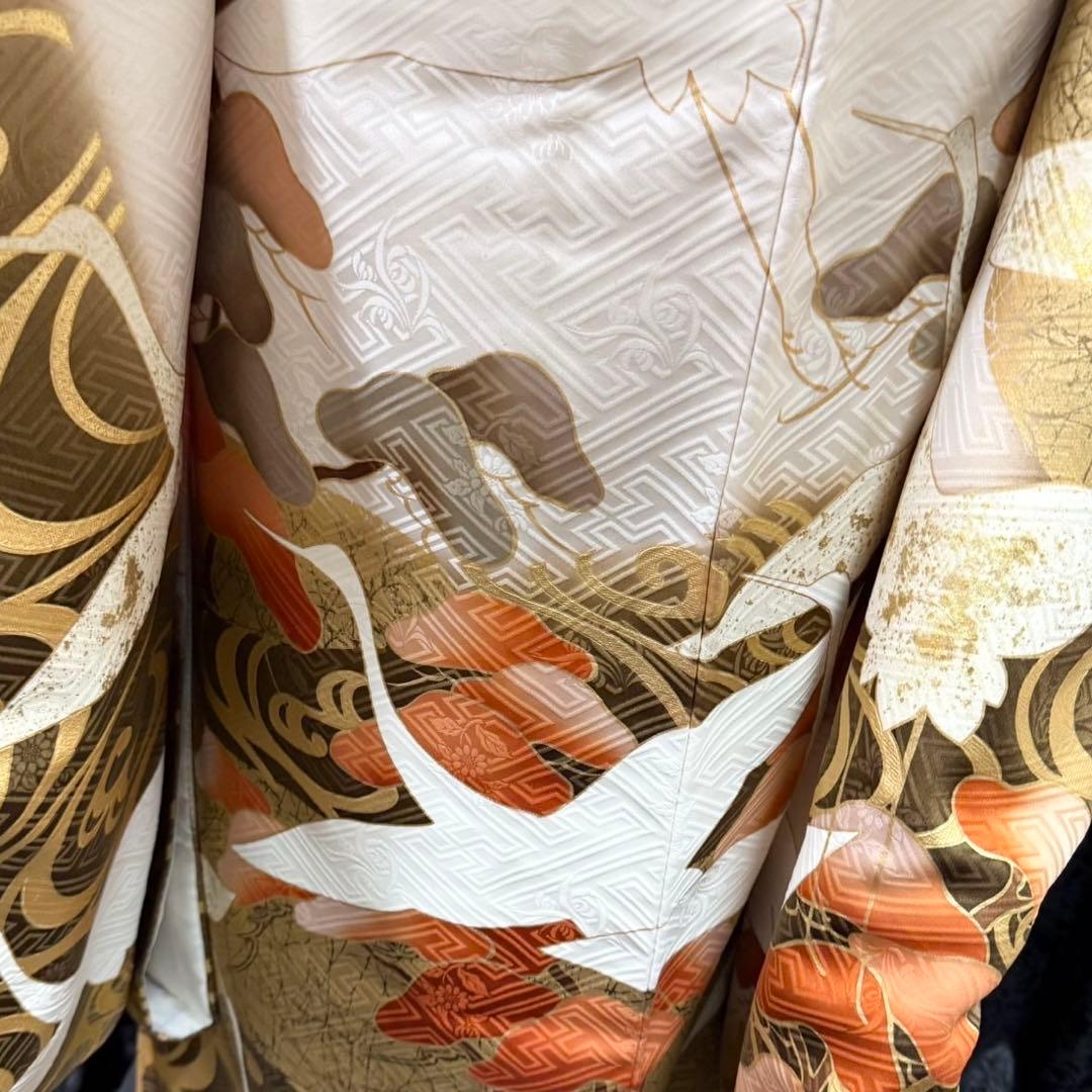 美品　鶴　シルエット　白地　地紋　金彩　駒刺繍　逸品　フルセット　振袖　振り袖