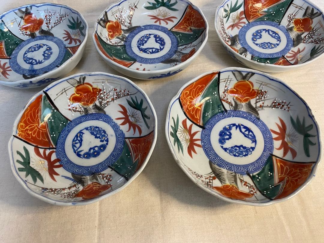 古伊万里　伊万里　色絵　金襴手　明治　なます皿　梅の図　松竹梅　輪華皿　５客