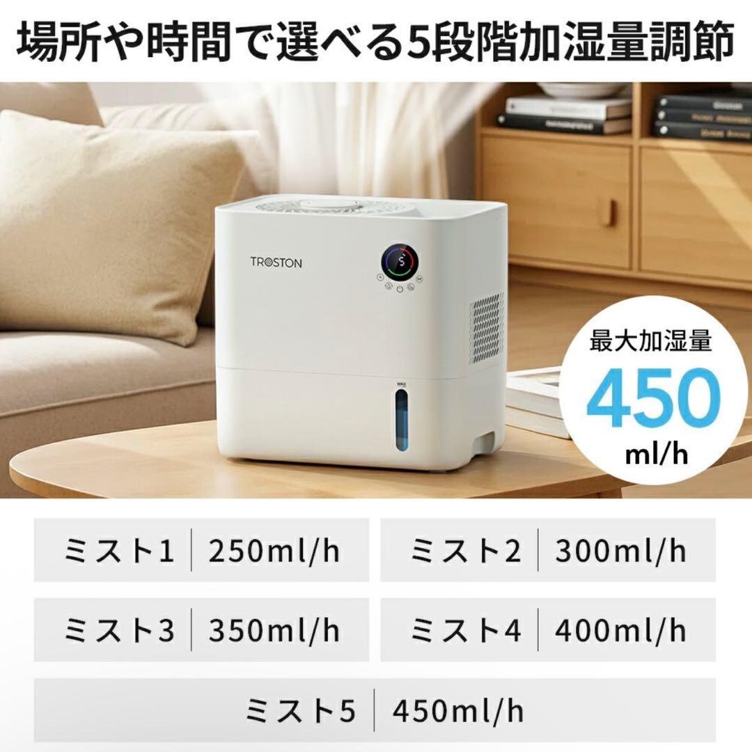 AI自動調湿 5L 気化式 加湿器 プラズマ 4重除菌 大容量 5段階調整