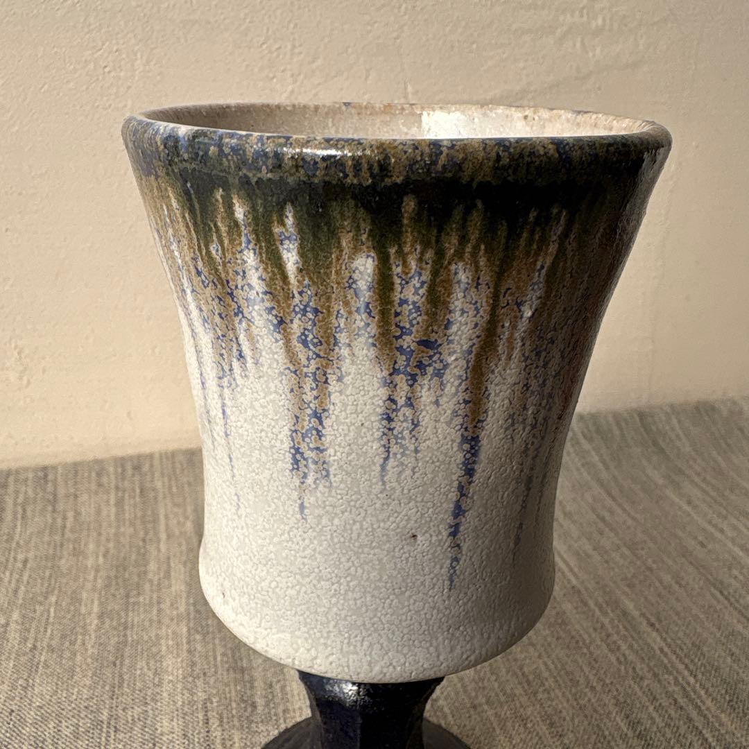 作家 陶芸家 ワイングラス ゴブレット 脚つき杯 高台 カップ 白 紺　セット