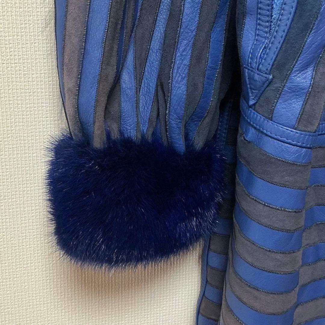 ブルー系 ファー付き コート ロング丈 ストライプ レディース