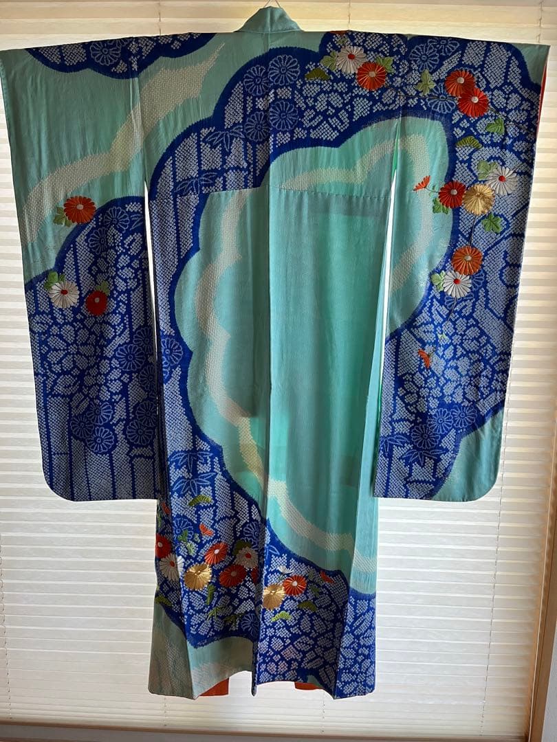 【振袖３点セット】 水色花柄 ピンクグラデーション 赤金模様
