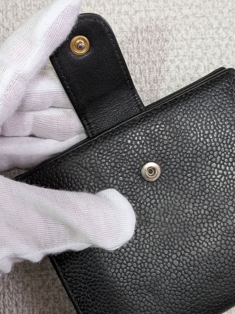 シャネル　デカココ　Wホック折り財布　キャビアスキン　黒　正規品　チェーン