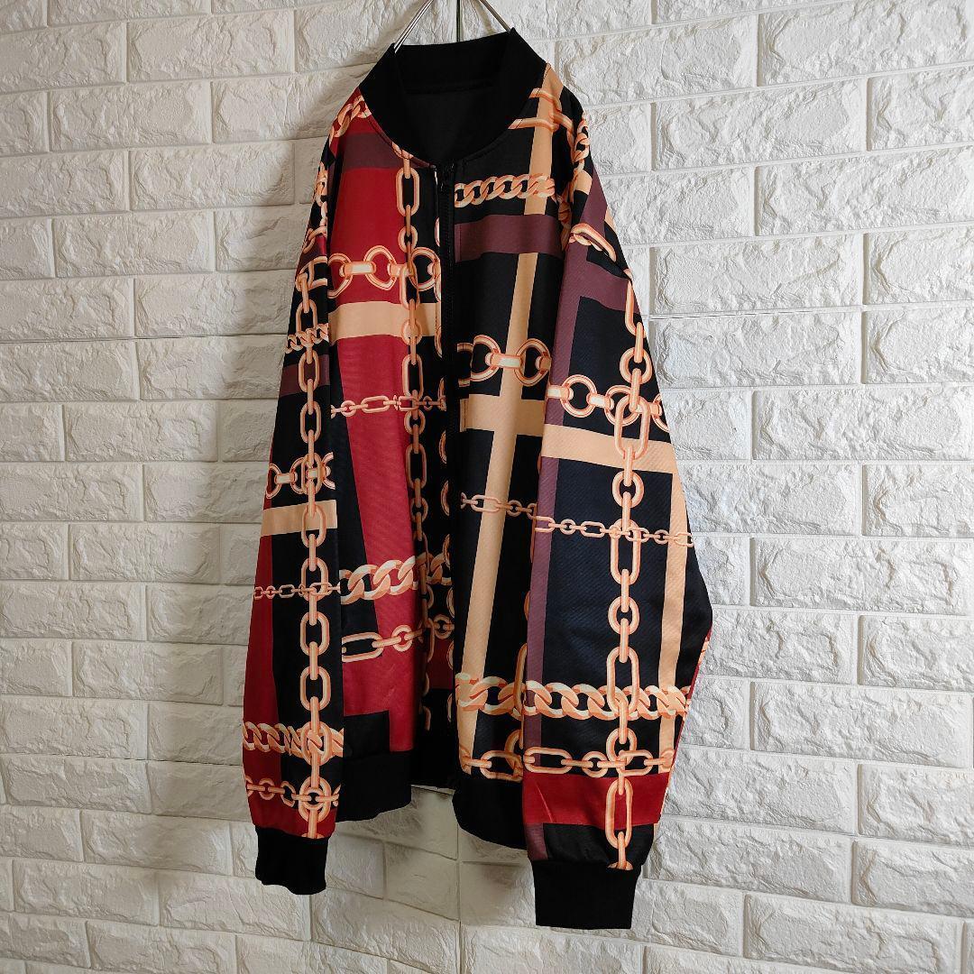 チェーン柄 総柄 フルジップ ブルゾン ブラック レッド XXL