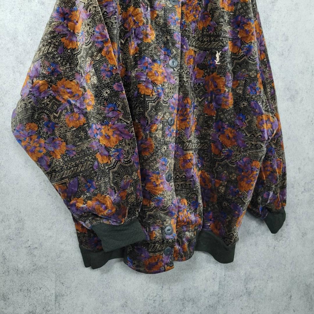 古着 90s イヴサンローラン 刺繍 ベロアジャケット 総柄 ブラック