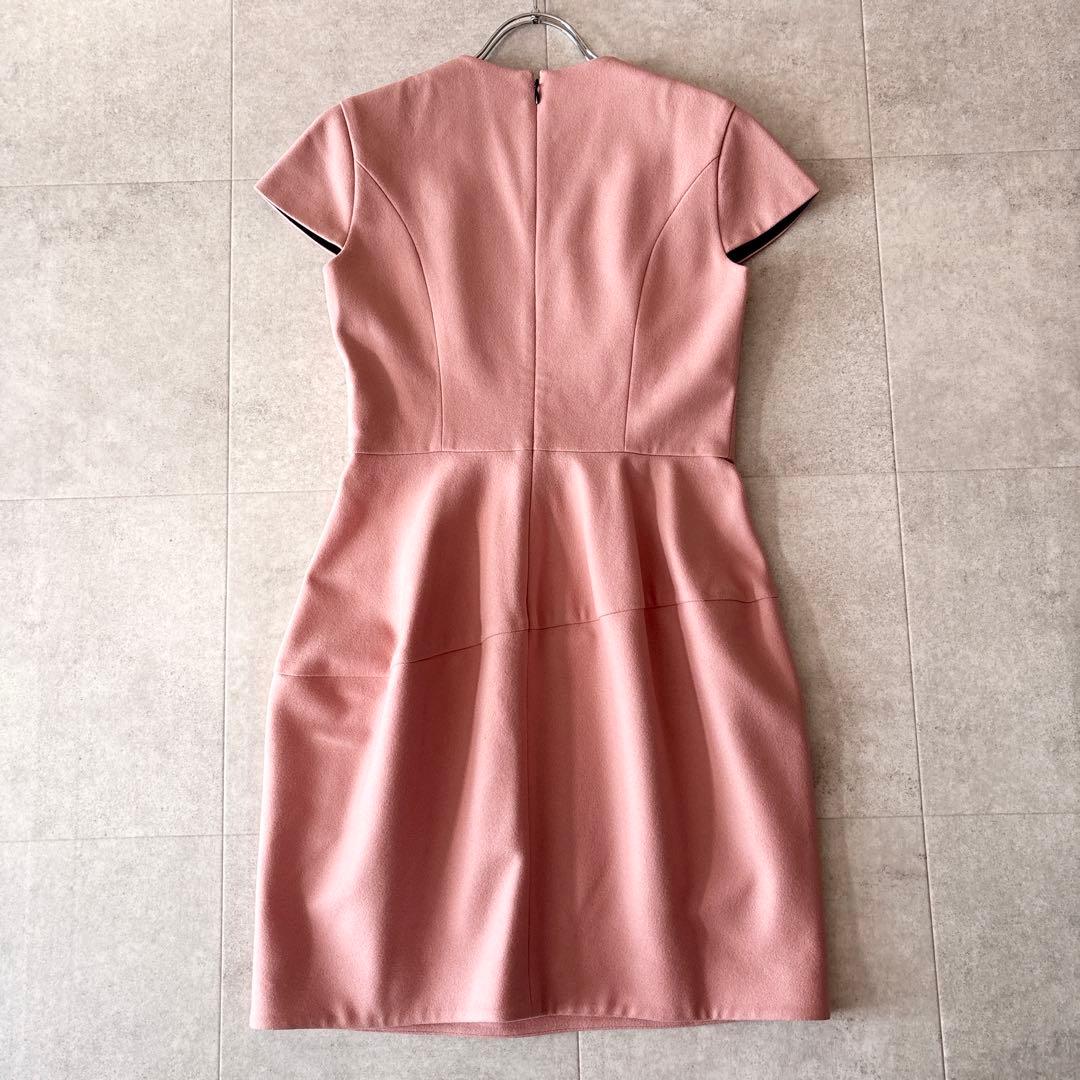 極美品✨️ヨーコチャン パール装飾 ウールひざ丈半袖ワンピース 38 ピンク