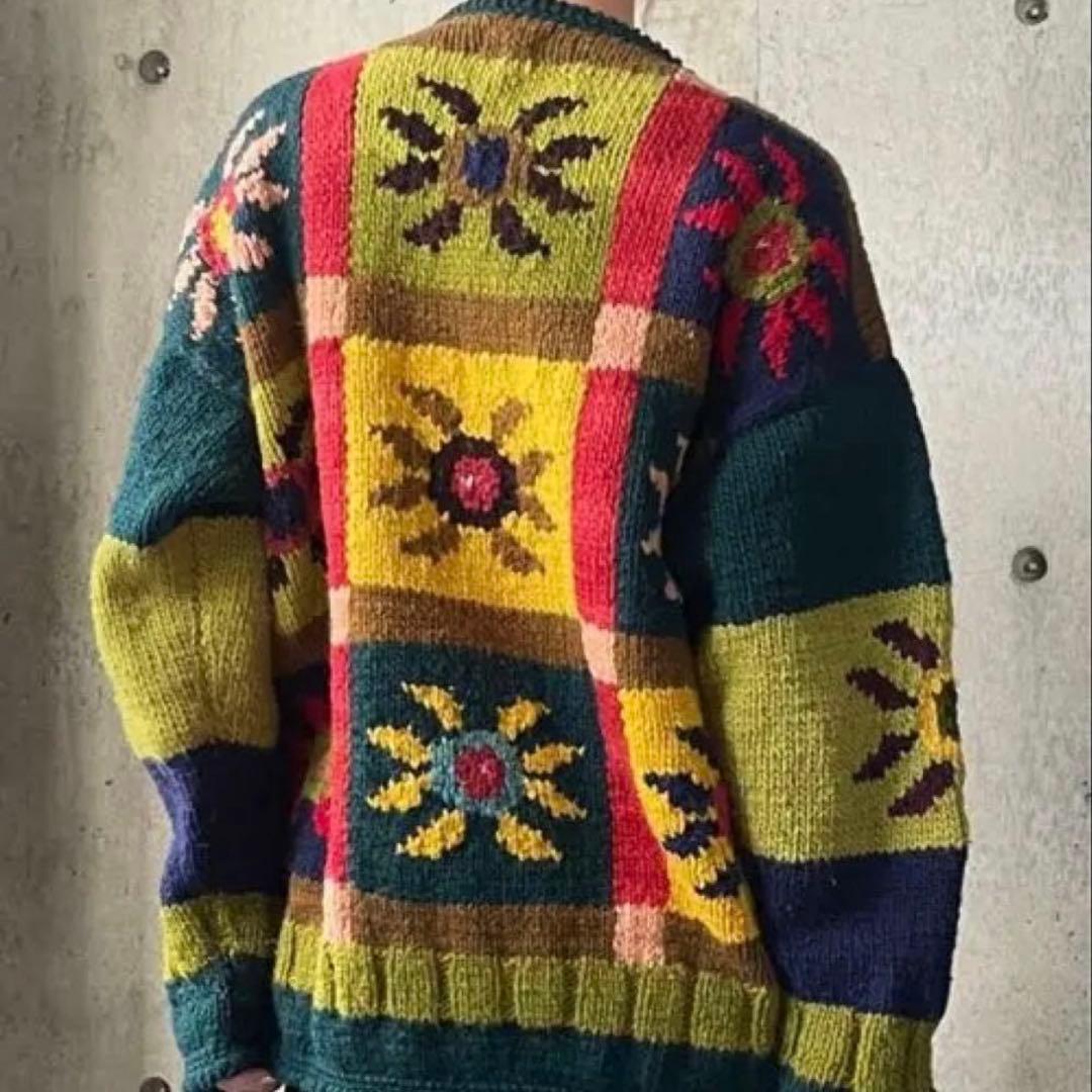 90's エクアドル フラワーカーディガン 花柄ニット ビンテージ