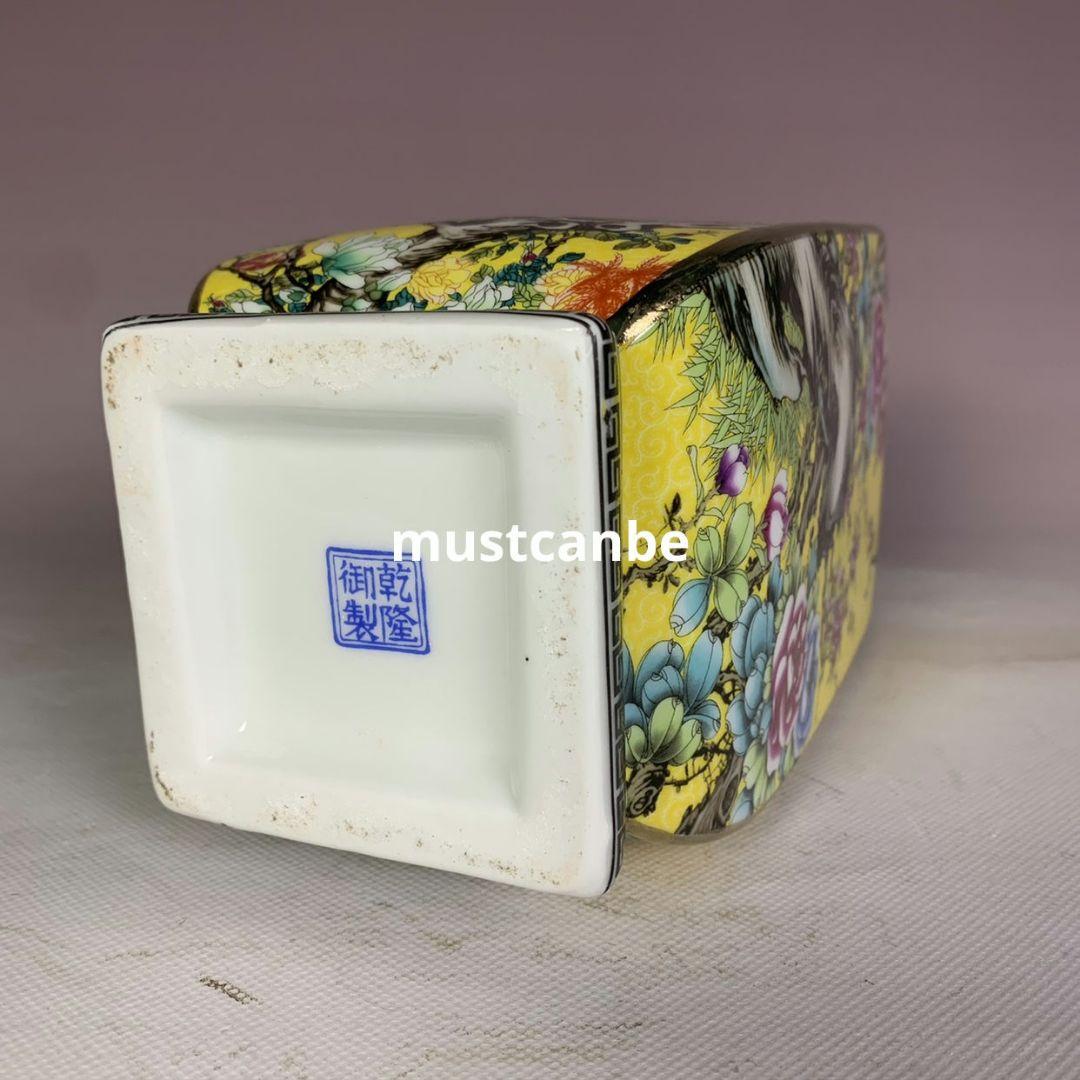 黄地蒔絵花鳥四方花瓶 景徳鎮 陶磁器 装飾品 現代工芸品 美術品 置物