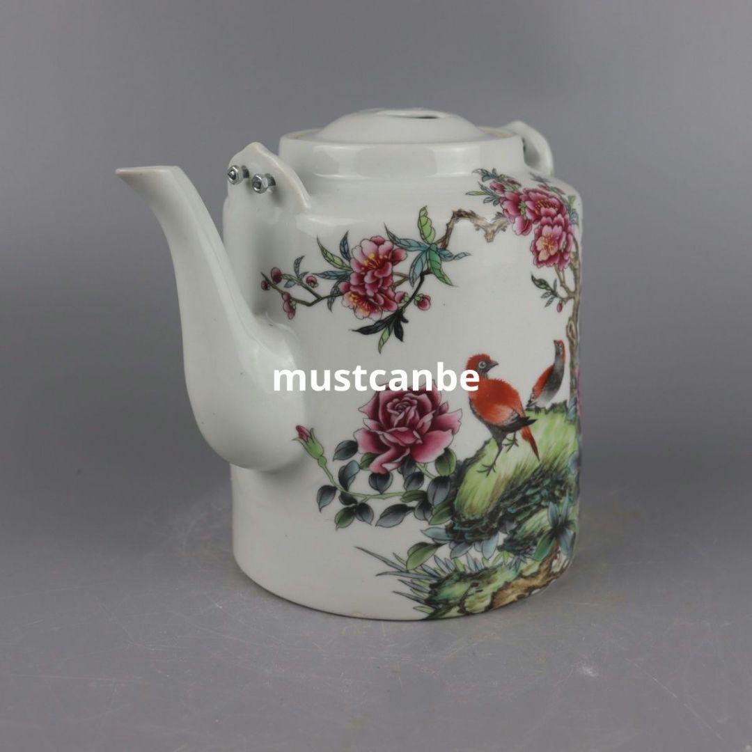 パステル牡丹花鳥茶壺 提梁壺 煎茶器 茶道具 工芸品 置物 新品未使用