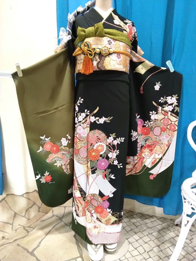 振袖フルセット、正絹トールサイズ、成人式、重ね衿、帯揚げ帯締め、西陣袋帯、長襦袢