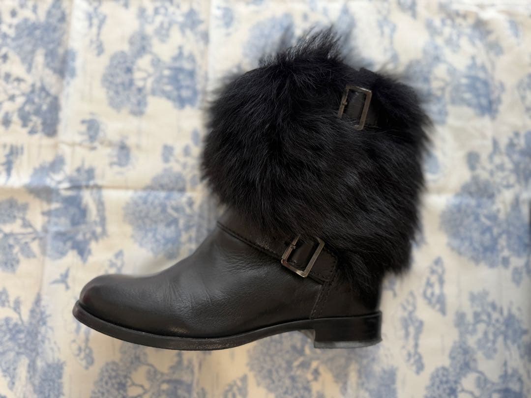PRADA size 38 レザー ファー ショートブーツ バックル付き