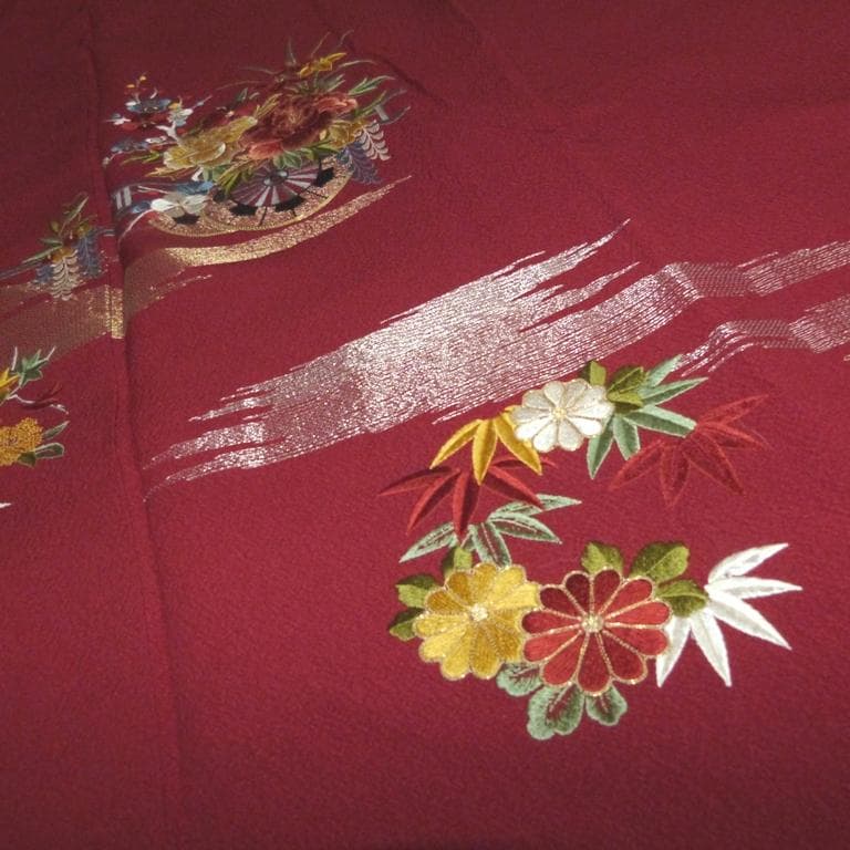 ア*カ様 朱色刺繍御所車牡丹 絹 身丈約157㎝強裄約66㎝ 超美品並6点セット