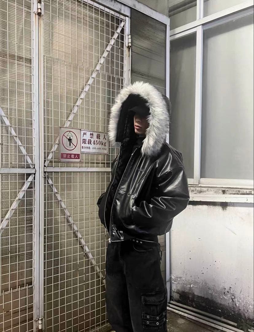 Y2K fur leather down Parker ファー着脱可能