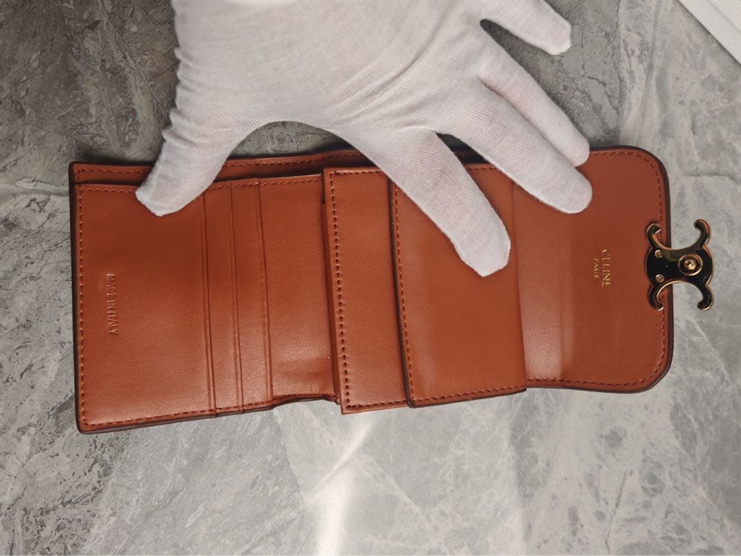 CELINE トリオンフ 三つ折り財布 ストライプ キャンバス×レザー 美品