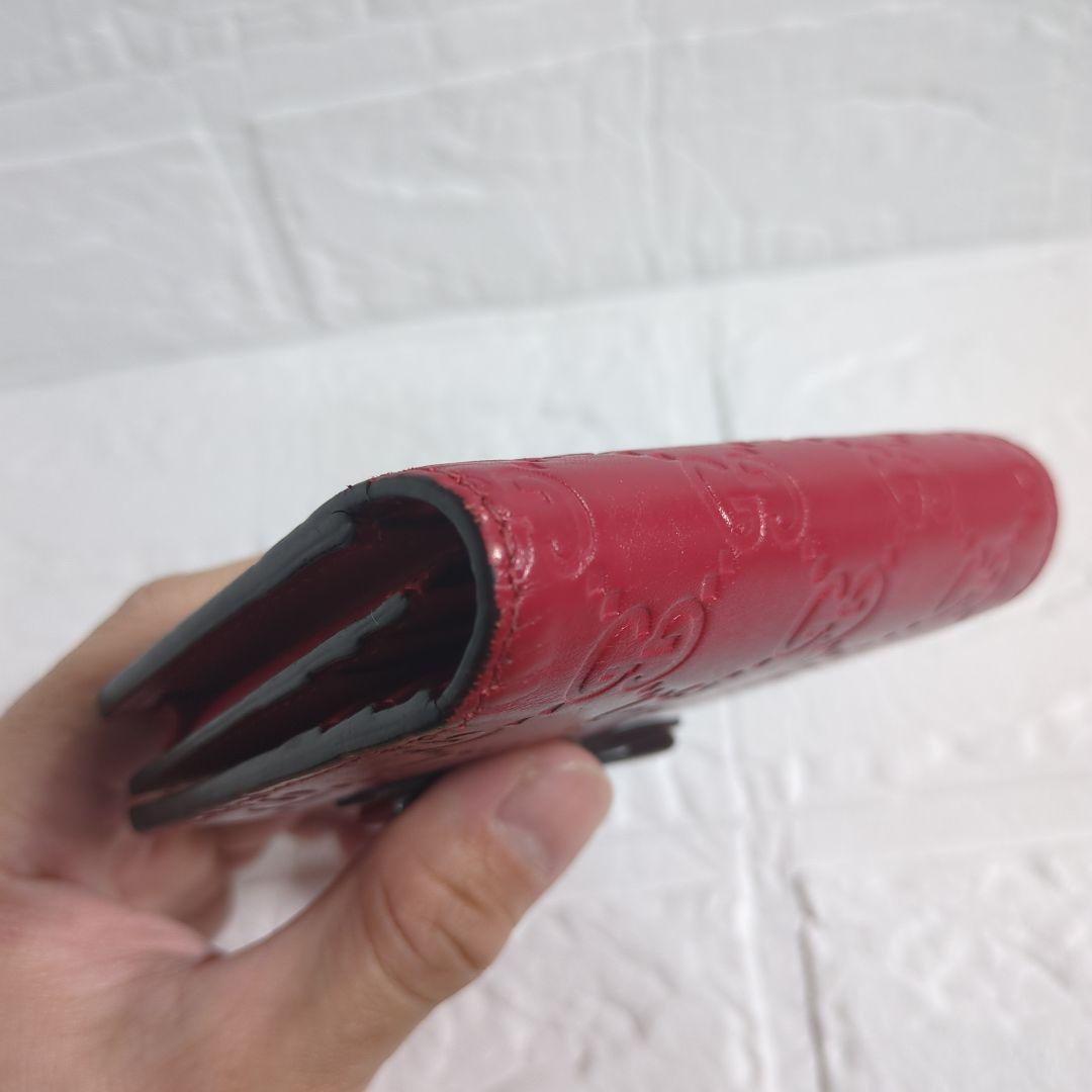 【美品】グッチ シマ コンパクト財布 赤 レザー リボン