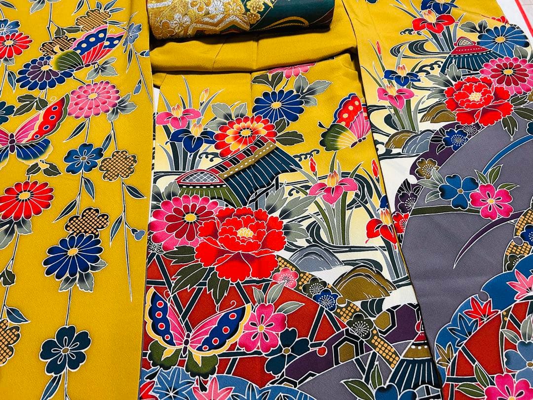 新品　最高級本振袖　京紅型巨匠宮崎良次先生作品 振袖用高級唐織袋帯　フルセット