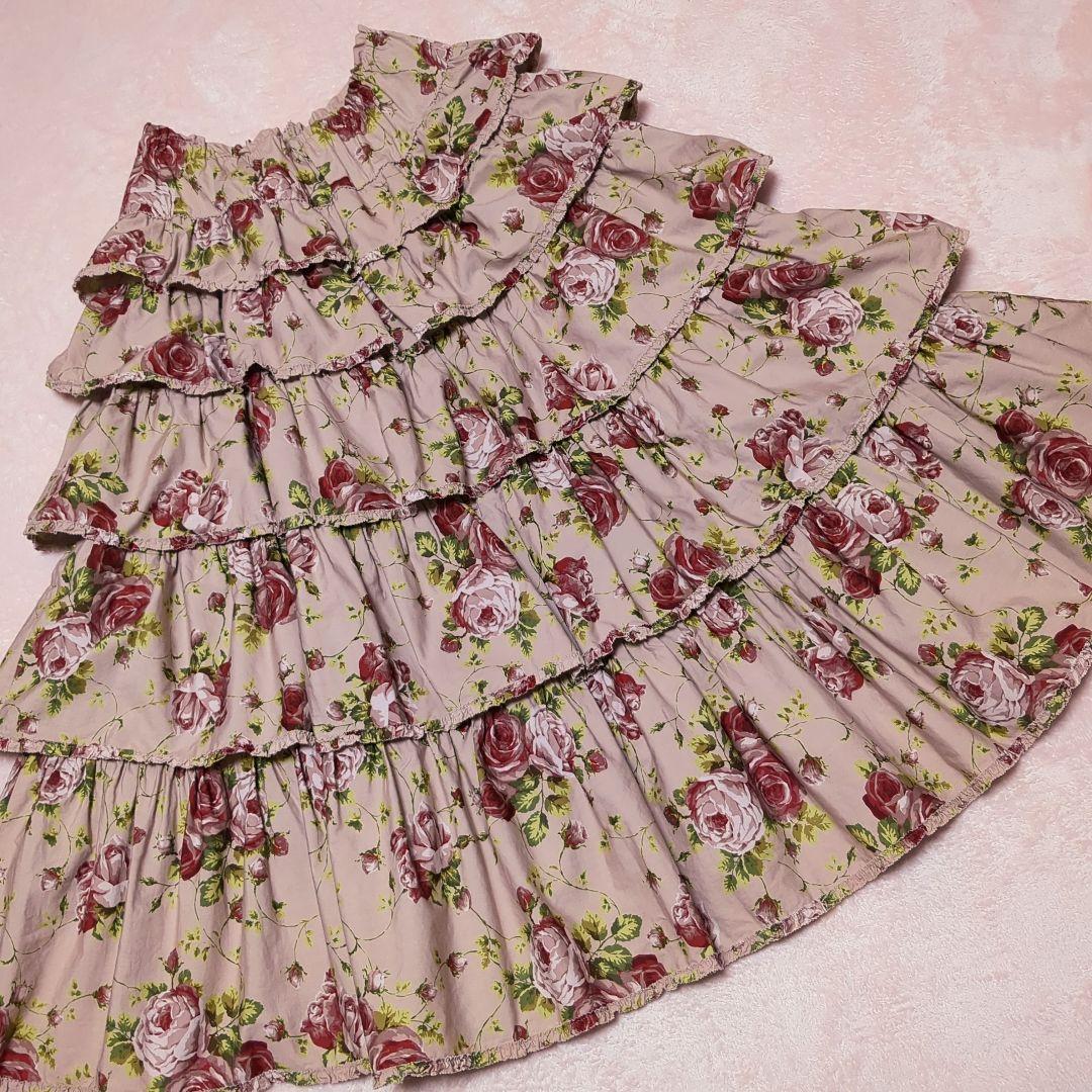 美品 ワンダフルワールド 薔薇柄 ティアードスカート ピンクハウス 段々スカート