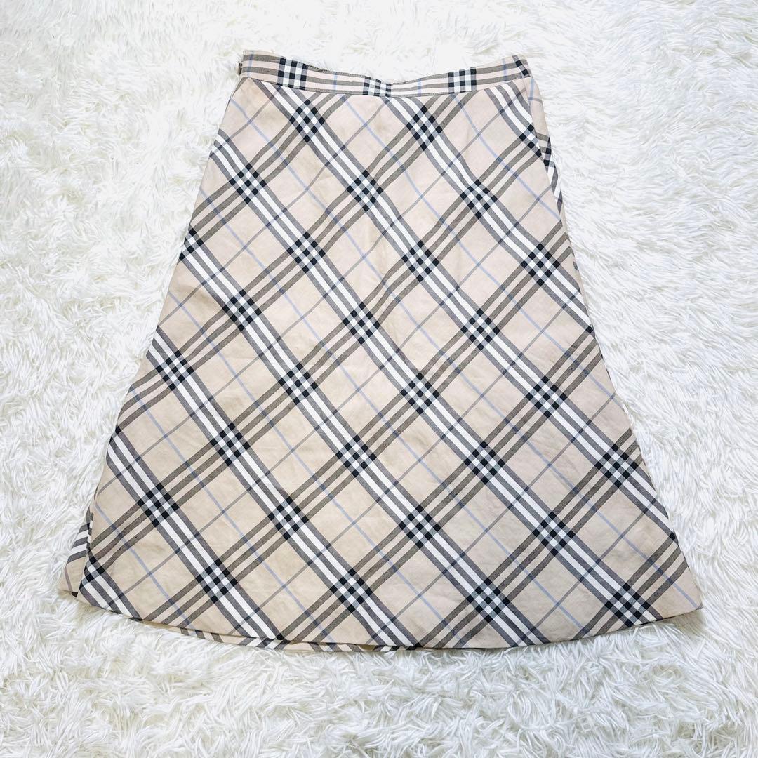 美品☆バーバリー ロンドン 麻 ノバチェック 膝丈 Aライン