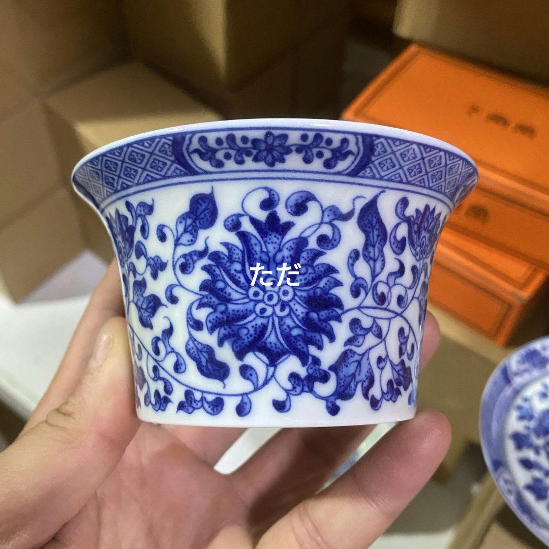 中国茶器 景徳鎮 陶磁器 七丞堂青花点絵巻枝蓮三才蓋碗 茶杯 煎茶器 未使用品