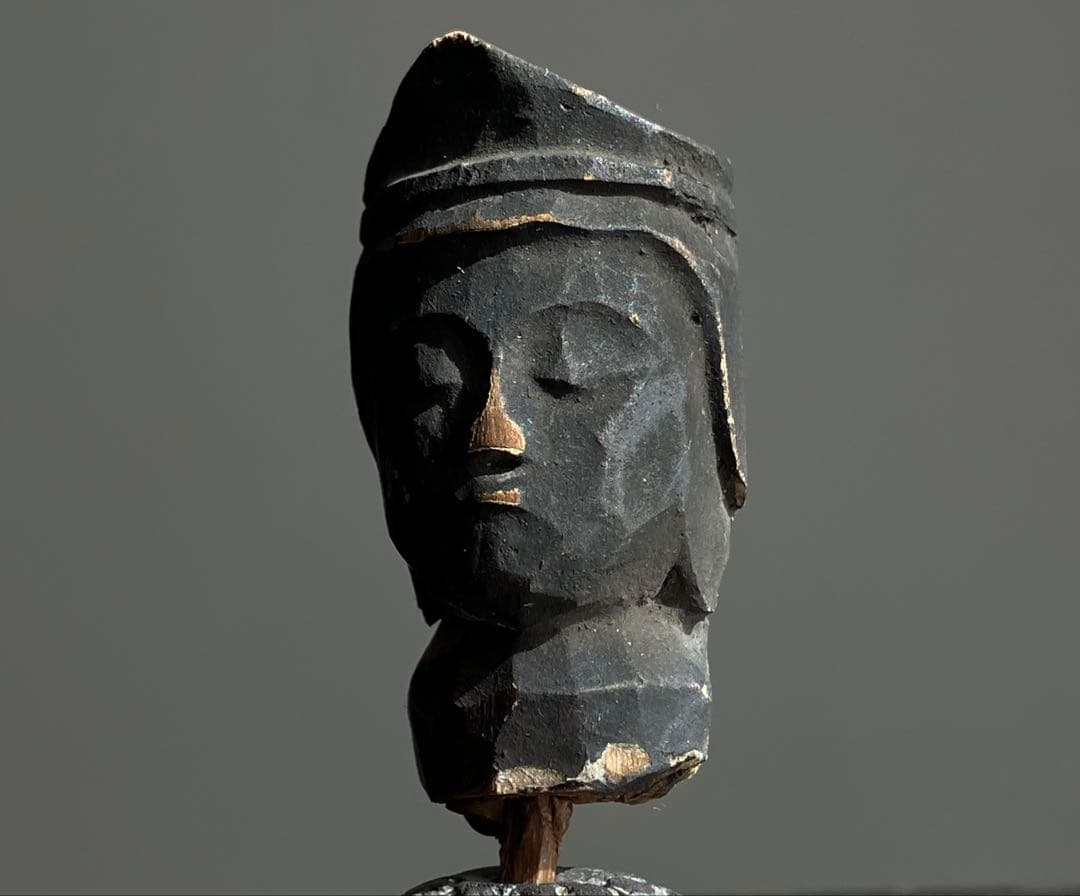 【祈りの木彫仏頭 江戸期頃 約4㎝ 台座付き】残欠古美術骨董歴史資料仏像古物芸術
