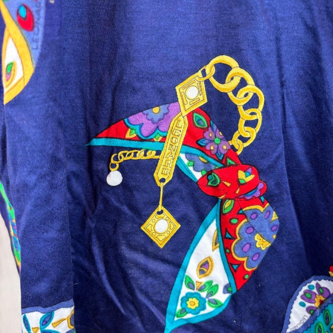 ★LEONARD SPORT★L★カラフル装飾 紺長袖ポロシャツ★左胸ロゴ刺繍有