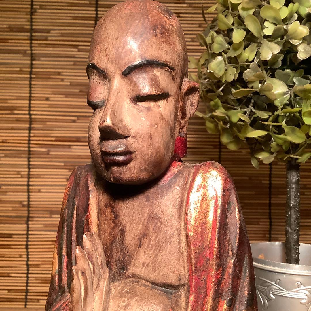 ビルマ期・釈迦修行期「悟り・仏陀瞑想姿」ビルマ様式・生前釈迦・悟り開眼・彩色木彫