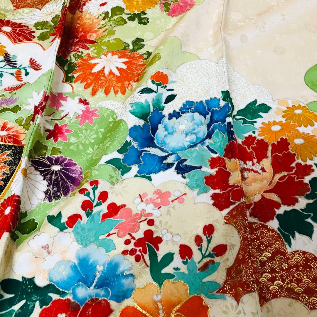 正絹振袖フルセット‼️愛らしいクリーム豪華絢爛菊梅薔薇金糸刺繍見惚れる⭐︎金彩金箔